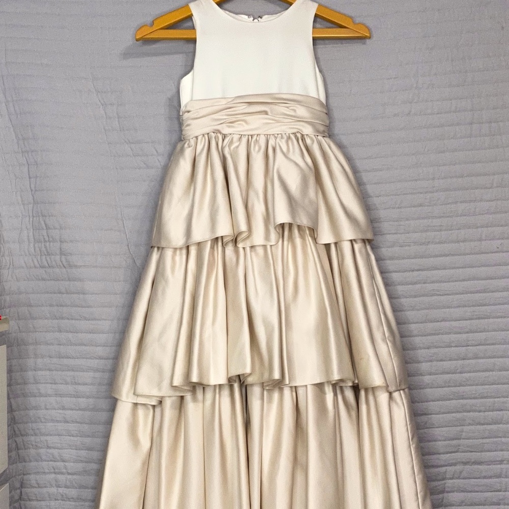 Girl's Ruffled Tan Formal Dress with Bow